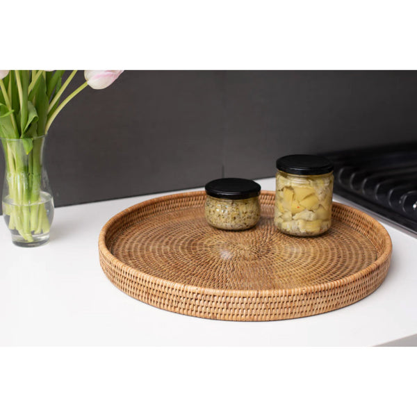 Woven Burmese Rattan Round Serving - Ottoman Tray with Glass Insert - SHOP by Interior Archaeology