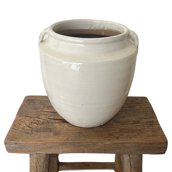 Primitive Short White Pot with Handles