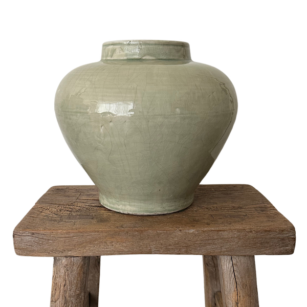 Vintage Celadon Ceramic Vase with Crackle Finish