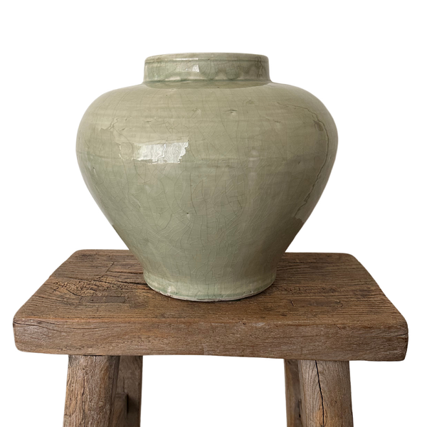 Vintage Celadon Ceramic Vase with Crackle Finish