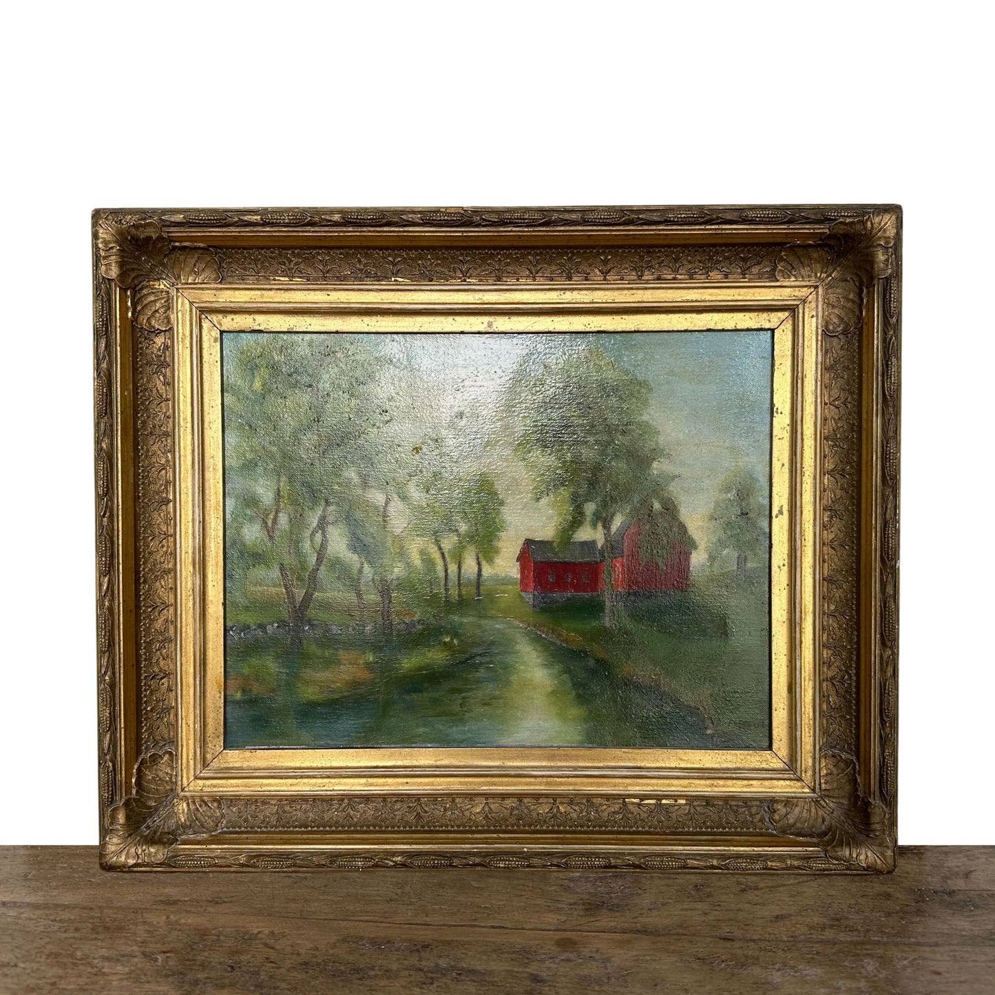 Original Oil on Canvas, "Barn with River Scene" by A. Fresher - 21 x 17.5 - SHOP by Interior Archaeology