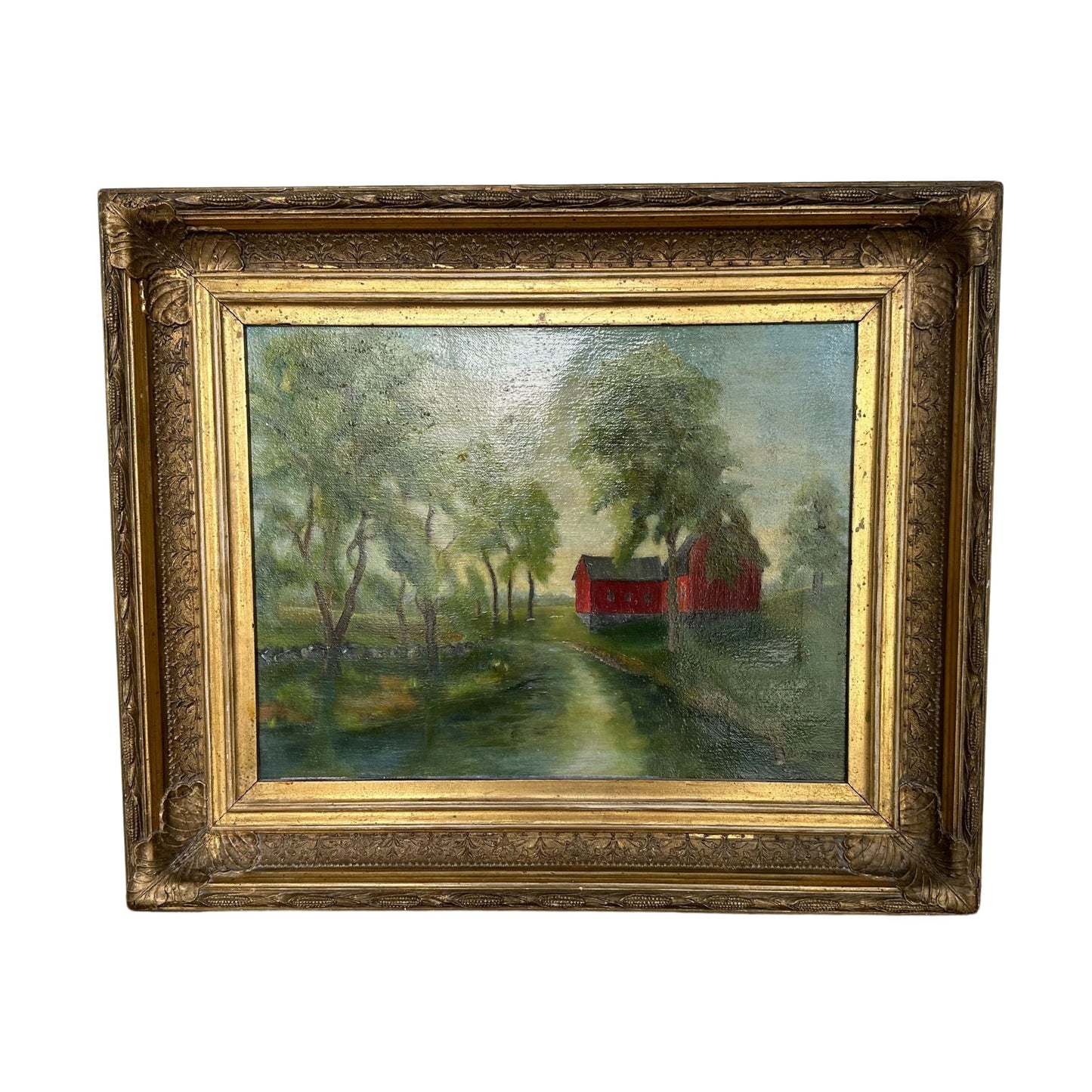 Original Oil on Canvas, "Barn with River Scene" by A. Fresher - 21 x 17.5 - SHOP by Interior Archaeology
