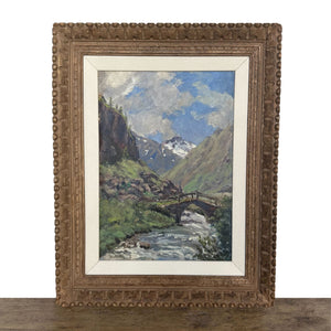 Vintage Original Oil on Canvas, "Mountain Landscape with Bridge" by Christian Skov - 16 x 20 - SHOP by Interior Archaeology