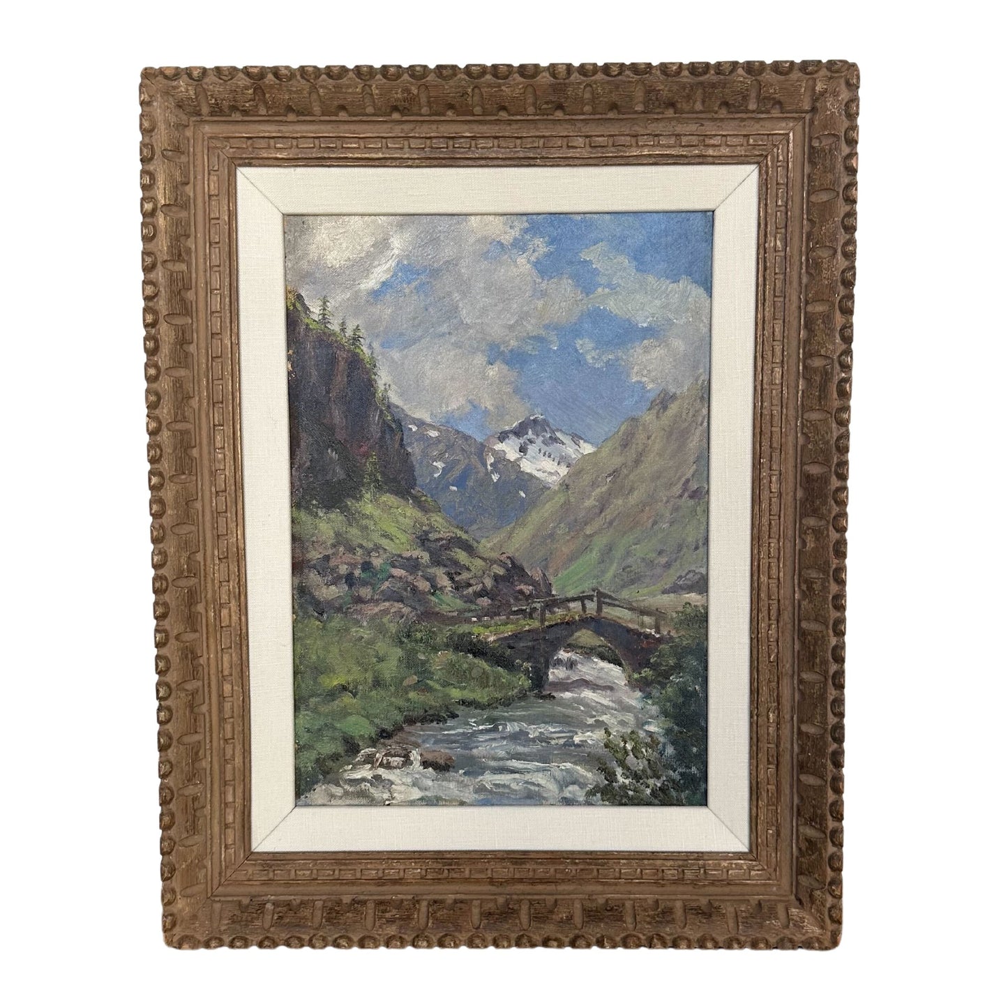 Vintage Original Oil on Canvas, "Mountain Landscape with Bridge" by Christian Skov - 16 x 20 - SHOP by Interior Archaeology
