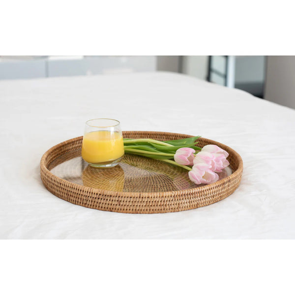 Woven Burmese Rattan Round Serving - Ottoman Tray with Glass Insert - SHOP by Interior Archaeology