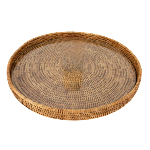 Woven Burmese Rattan Round Serving - Ottoman Tray with Glass Insert - SHOP by Interior Archaeology