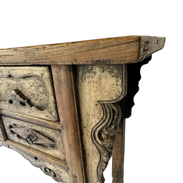 Antique Asian Console with Drawers with Hand Wax Finish of Natural Wood and Distressed Paint - SHOP by Interior Archaeology