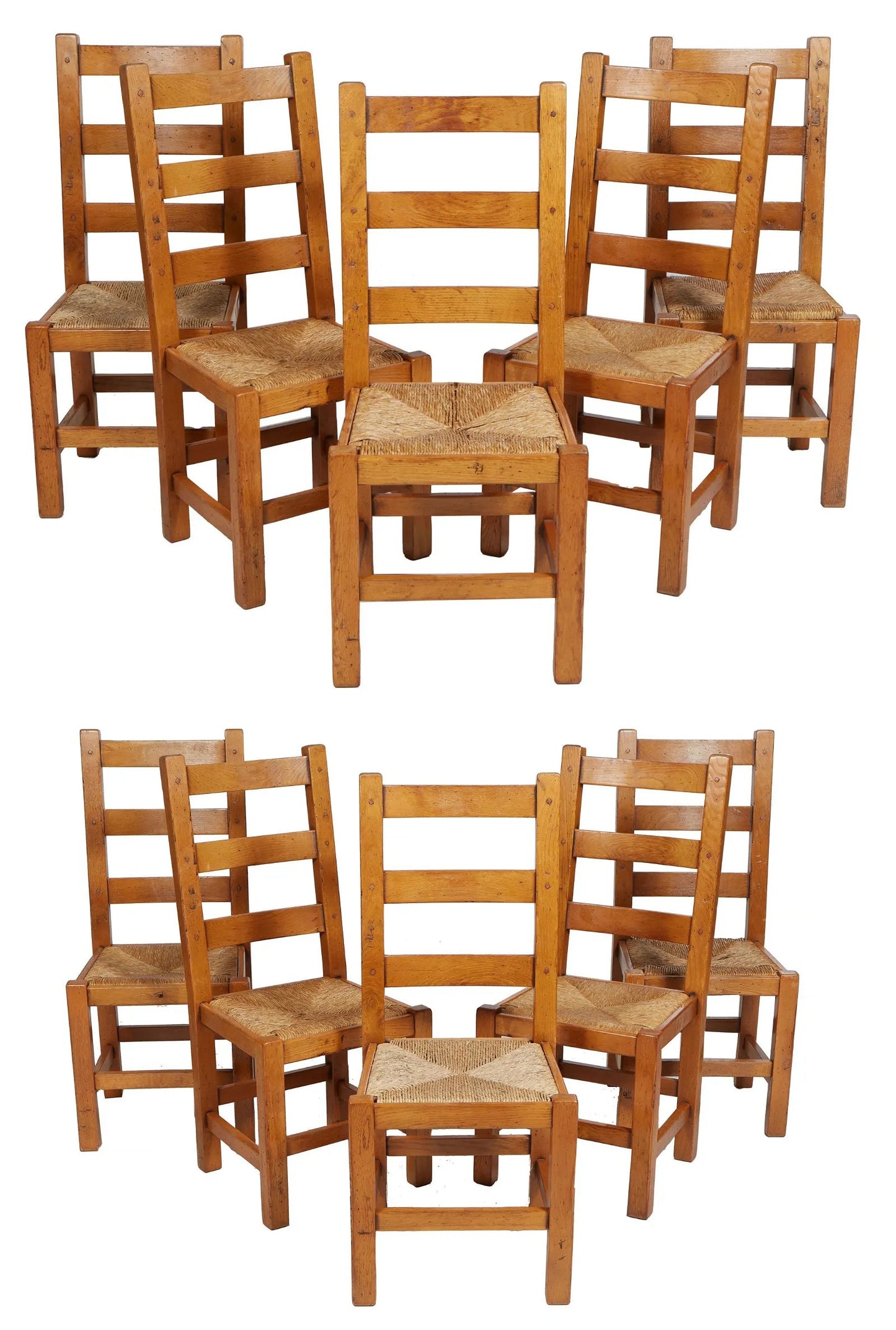 Antique French Provincial Carved Oak Rush Seat Dining Chairs Suite of Ten - SHOP by Interior Archaeology