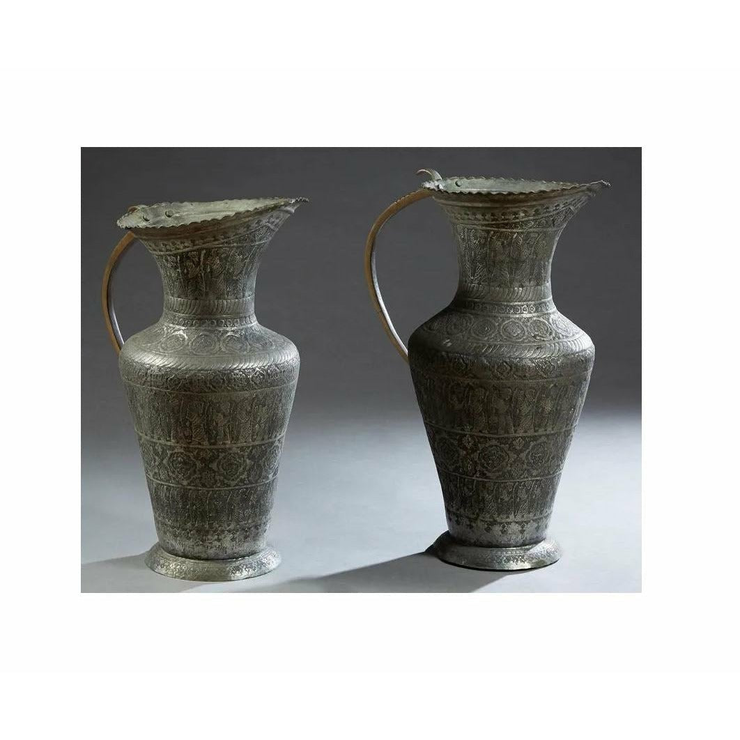 Pair of Large White Brass Baluster Moroccan Handled Ewers - SHOP by Interior Archaeology